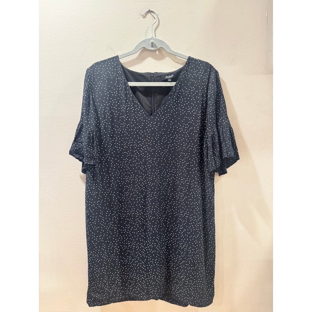 Madewell Black Flutter Sleeve Polka Dot Mini Shift Dress - Size 12 - Picture 2 of 7